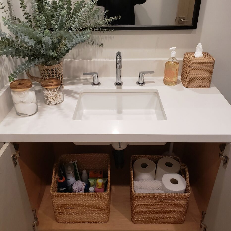 Stylish bathroom sink with organized storage.