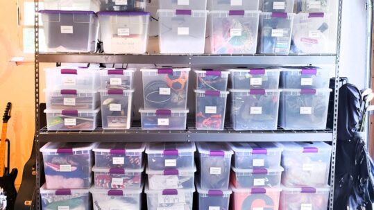 Garage storage boxes on the shelf