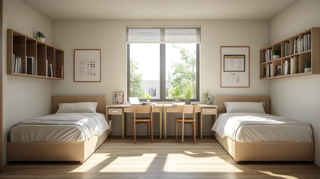 Minimalist dorm room with two beds. Minimalist dorm room with two beds.